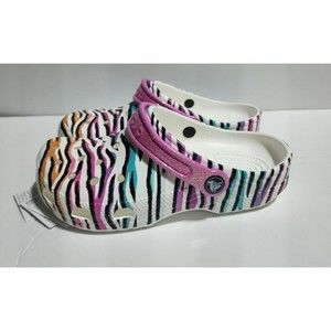 New Kids Crocs Classic Animal Print Clogs Glitter Sandals Multi/white US size J6